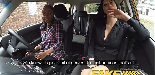  Fake Driving School busty black girl fails test with lesbian examiner